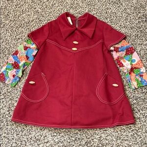 True Vintage Red Casual Collared Dress with Playful Patterned Underlay Sleeves